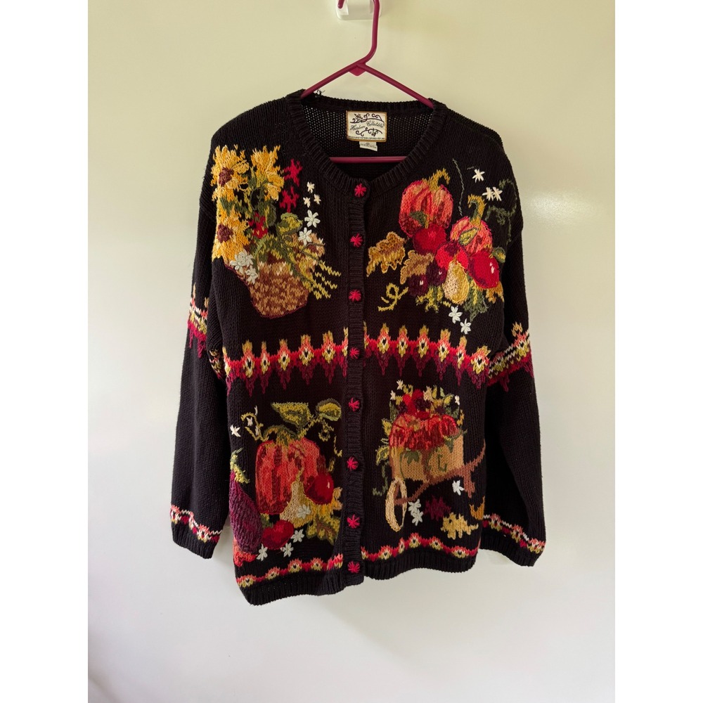 Vintage Heirloom Collectibles Floral Pumpkin Cardigan Sweater Black Medium 2001